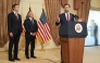 US Vice President JD Vance (R) speaks during a news conference after meeting with representatives from Pakistan and Iran, as Jared Kushner (L) and US Special Envoy to the Middle East Steve Witkoff (C) watch, in Islamabad on April 12, 2026. (Photo by Jacquelyn Martin / POOL / AFP)