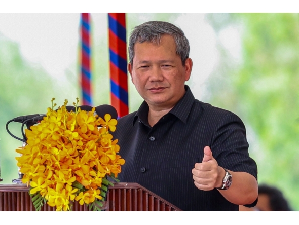 This handout photo taken and released by Agence Kampuchea Press (AKP) on April 11, 2026 shows Cambodia Prime Minister Hun Manet speaking during the groundbreaking ceremony for the construction of the Funan Techo canal project section 2 in Takeo province. (Photo by Handout / Agence Kampuchea Press (AKP) / AFP)