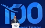 German Chancellor Friedrich Merz delivers a speech during a ceremony to celebrate the 100th anniversary of the founding of the first Lufthansa at Lufthansa Group Hangar One, Frankfurt Aiport, in Frankfurt am Main, western Germany on April 15, 2026. (Photo by Kirill KUDRYAVTSEV / AFP)