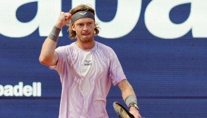 Russia's Andrey Rublev reacts after winning his men's singles semif-final match against Serbia's Hamad Medjedovic at the ATP Barcelona Open 