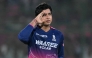 Rajasthan Royals' Indian cricket player Vaibhav Sooryavanshi celebrates after scoring a century at the Sawai Mansingh Stadium in Jaipur on April 25, 2026. (Photo by Indranil Mukherjee / AFP) 