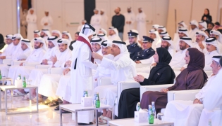Speaker of Shura Council H E Hassan bin Abdullah Al Ghanim and Deputy Prime Minister and Minister of State for Defense Affairs H E Sheikh Saud bin Abdulrahman bin Hassan Al Thani with Their Excellencies Ministers and other dignitaries during the launch of  National Volunteer Platform.