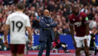 West Ham United's Portuguese head coach Nuno Espírito watches the players from the touchline Santo during the English Premier League football match between West Ham United and Arsenal at the London Stadium, in east London on May 10, 2026. (Photo by Adrian Dennis / AFP)