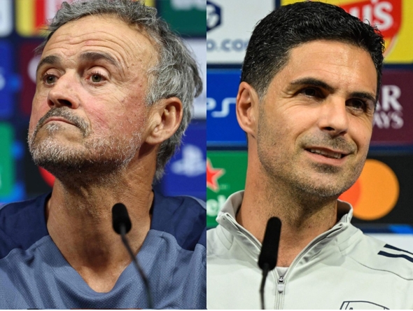 Paris Saint-Germain's Spanish headcoach Luis Enrique (L) and Arsenal's Spanish manager Mikel Arteta address a MD-1 press conference on May 29, 2026, the eve of the UEFA Champions League final football match between Paris Saint-Germain (PSG) and Arsenal at the Puskas Arena in Budapest. (AFP)