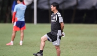 Japan's head coach Hajime Moriyasu takes part in a training session at the Club Monterrey Training Center at El Barrial in Santiago, Nuevo Leon State, Mexico, on June 4, 2026. (Photo by Julio Cesar Aguilar / AFP)