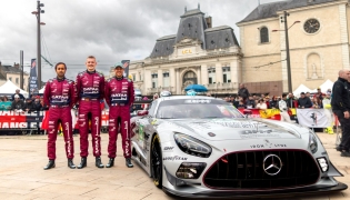 Team Qatar by Iron Lynx drivers Qatar’s Abdulla Al-Khelaifi (left), Julian Hanses (centre) and Giuliano Alesi pose ahead of their historic debut in the LMGT3 class at the 24 Hours of Le Mans.