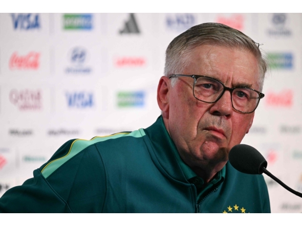 Brazil's Italian head coach Carlo Ancelotti gestures during a press conference at the New York/New Jersey Stadium in East Rutherford on June 12, 2026. (Photo by Mauro Pimentel / AFP)