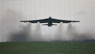 (Files) A US Air Force B-52 Stratofortress bomber takes off from RAF Fairford in south-west England on March 15, 2026. (Photo by Henry Nicholls / AFP)