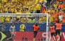 :Netherlands' forward #19 Brian Brobbey (C) celebrates next to Sweden's goalkeeper #23 Kristoffer Nordfeldt (L) after scoring a goal during the 2026 World Cup Group F football match between the Netherlands and Sweden at the Houston Stadium in Houston on June 20, 2026. (Photo by RONALDO SCHEMIDT / AFP)