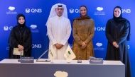 Vice Chairperson of Qatar Foundation, H E Sheikha Hind bint Hamad Al Thani; Group CEO, QNB Group, Abdulla Mubarak Al-Khalifa; Group Chief Risk Officer, QNB Group, Fatima Abdulla Al-Suwaidi; and Executive Director, Women’s and Girls’ Sports, QF, Alanoud Al Mesnad at the agreement signing event.
