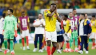 Colombia's defender #03 Jhon Lucumi celebrates after winning the 2026 World Cup Group K football match between Colombia and Democratic Republic of Congo. (Photo by Ulises Ruiz / AFP)