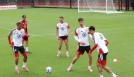 Kai Havertz of Germany trains with Leroy Sane (left) and Jamal Musiala (right).