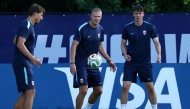 Norway's forward #09 Erling Braut Haaland (C) takes part in a training session on the eve of Norway's 2026 World Cup football tournament Group I football match against France at New England Revolution Training Centre in Foxborough, near Boston (Photo by FRANCK FIFE / AFP)