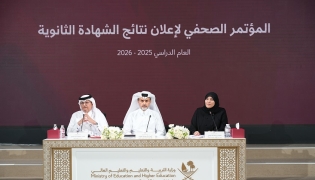 Assistant Undersecretary for Educational Affairs Khalid Al Harqan (center) with other officials during a press conference.