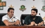Pakistan national cricket selection committee members Aaqib Javed (L) and Misbah-ul-Haq address a press conference in Lahore on July 5, 2026.  (Photo by Arif ALI / AFP)

