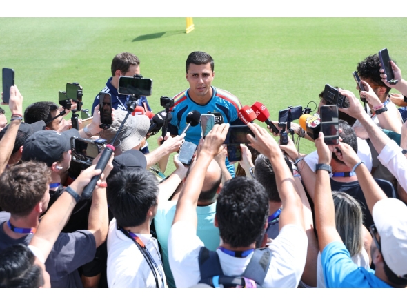 Spain's midfielder #16 Rodri speaks to media before an MD-1 training session at the Cotton Bowl in Dallas on July 5, 2026, on the eve of the 2026 World Cup round of 16 football match between Portugal and Spain. (Photo by Thomas COEX / AFP)