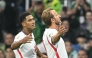 England's midfielder #10 Jude Bellingham (L) celebrates scoring his team's first goal with teammate forward #09 Harry Kane (R) at the Mexico City Stadium in Mexico City on July 5, 2026. (Photo by Yuri Cortez / AFP)
