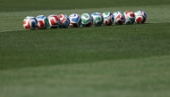 Trionda balls are arranged in a line during a France's MD-1 training session at Bentley University in Waltham, near Boston, on July 8, 2026. (Photo by Franck Fife / AFP)
 