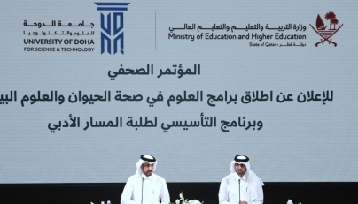 Assistant Undersecretary for Higher Education Affairs at the Ministry, Dr. Hareb Mohamed Aljabri (right) speaking at a press conference yesterday.