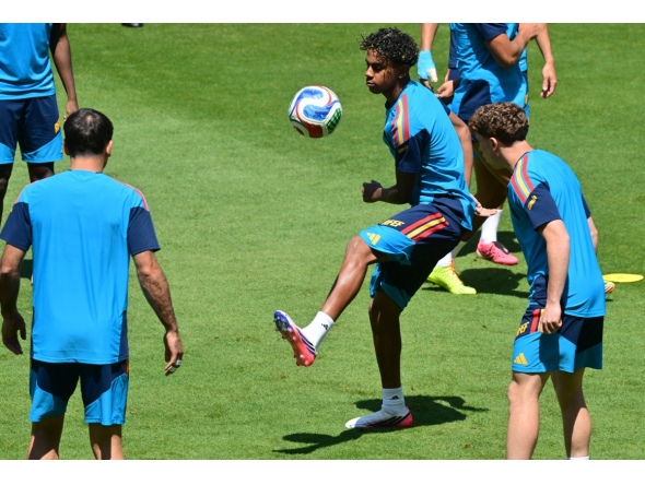 Spain’s Lamine Yamal takes part in a training session in Carson, California, yesterday. 