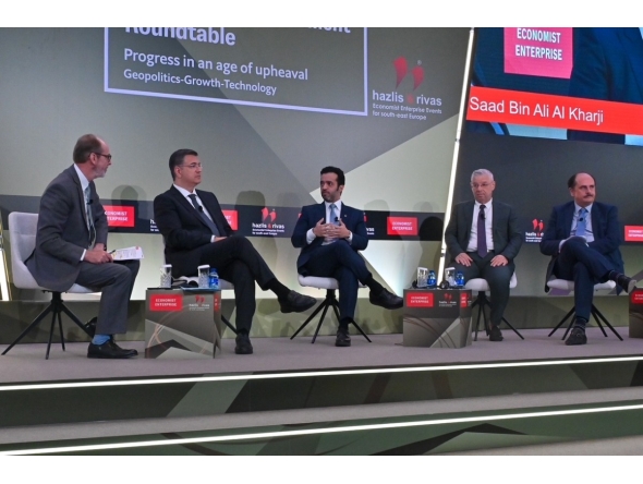 Chairman of Qatar Tourism H E Saad bin Ali Al Kharji speaking at a session during the 30th Annual Economist Government Roundtable, in Athens, Greece. 
