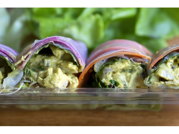 Curry chicken salad summer rolls. (Vincent Alban/For The Washington Post)