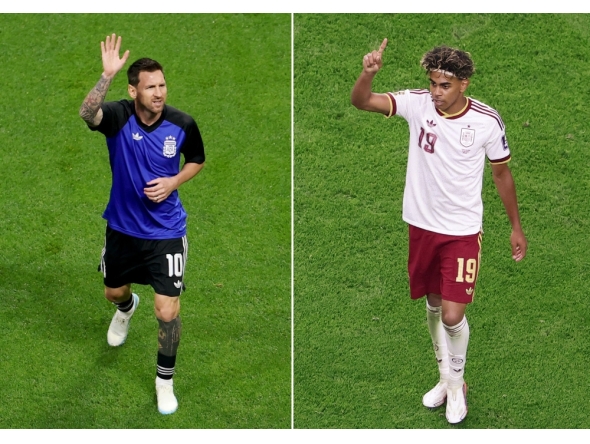 (Combo) This combination of file photos created on July 18, 2026, shows Argentina's forward #10 Lionel Messi in Atlanta on July 15, 2026 (L); and Spain's forward #19 Lamine Yamal at the Dallas Stadium in Arlington on July 14, 2026. (Photo by Patricia De Melo Moreira and Aric Becker / AFP)