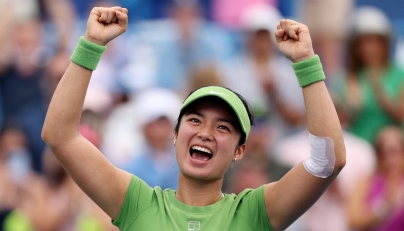 Alexandra Eala of the Philippines celebrates after winning a women's singles match against Naomi Osaka of Japan on day six of the Mubadala DC Open 2026 at William H.G. FitzGerald Tennis Center on August 01, 2026 in Washington, DC. (Photo by Emilee Chinn / GETTY IMAGES NORTH AMERICA / Getty Images via AFP)
