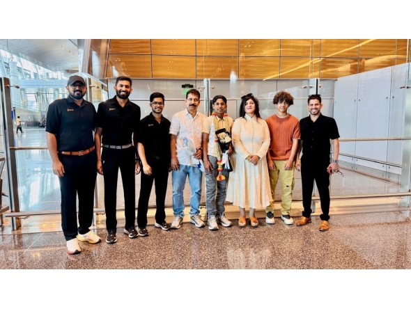 NVBS team welcomes Sree Eswar Shijo from Hamad international Airport Doha, Qatar. Standing (L–R): Ashif Ameerjan (Head Coach), Abhijith Venugopal (Head Coach), Alen George (Assistant Coach), Shijo K. P. (father of Sree Eswar), Sree Eswar Shijo, Banazir Manoj (CEO of NVBS), Mashal Manoj, and Manoj Sahibjan (Chief Coach).