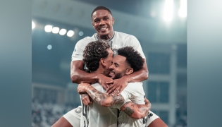 Al Sadd players celebrate during their match against Al Ahli on Saturday.