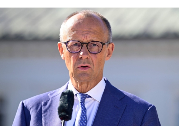 German Chancellor Friedrich Merz gives a statement prior to the start of a retreat meeting of the German cabinet on August 25, 2026 in Neuhardenberg, northeastern Germany. (Photo by John MACDOUGALL / AFP)