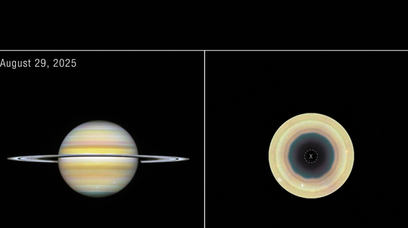 Side-by-side comparison of two views of the gas giant Saturn, labeled “August 29, 2025” at the top left corner. At left is a straight-on view of Saturn, a globe with pale yellow horizontal bands at the equator and orange and pink at the mid-latitudes. Some bands towards the north and south pole have a light blue hue. There are prominent horizontal rings circling at the equator. At right, labeled “Saturn’s south pole,” the south-polar view of Saturn shows concentric bands in its atmosphere, mostly tan and orange, surrounding a dark central region that has a 10-sided outline. A small, dashed circle at the very centre of the pole with an “X” inside denotes missing data. ( Photo from NASA, ESA, STScI, A. Sánchez-Lavega (University of the Basque Country), A. Simon (NASA-GSFC), M. Wong (UC Berkeley); Image Processing: A. Pagan (STScI)