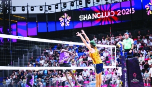 Qatar’s Cherif Younousse and Ahmed Tijan in action during the semi-final against Australia's Mark Nicolaidis and Izac Carracher.