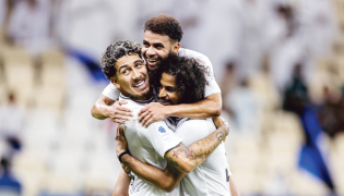 FROM LEFT: Al Sadd's Roberto Firmino, Hashem Ali and Akram Afif celebrate a goal.