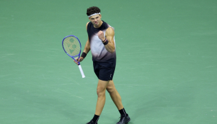 Ben Shelton of the United States celebrates a point against Frances Tiafoe of the United States during their Men's Semifinal match at USTA Billie Jean King National Tennis Center on September 11, 2026. Caleb Bowlin/Getty Images/AFP 