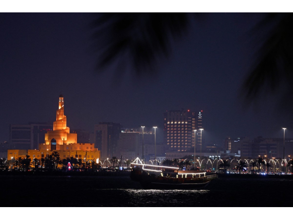 The illuminated minaret of the Fanar Mosque is pictured in Doha on September 4, 2026. (Photo by Karim Jaafar / AFP)
