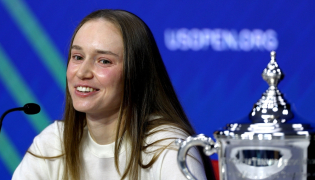 Elena Rybakina of Kazakhstan fields questions from the media after defeating Aryna Sabalenka in their Women's Singles Final match on Day Fourteen of the 2026 US Open. Matthew Stockman/Getty Images/AFP 