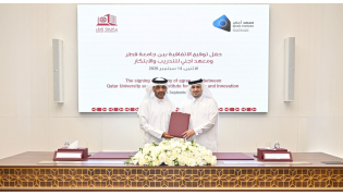 QU Vice President for Student Affairs Dr. Mohammad Diab and Chief Executive Officer of Ajnee Group Dr. Ali Abdulrahman Al Hashimi during the signing of the agreement.
