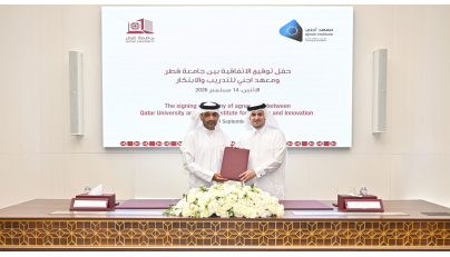 QU Vice President for Student Affairs Dr. Mohammad Diab and Chief Executive Officer of Ajnee Group Dr. Ali Abdulrahman Al Hashimi during the signing of the agreement.

