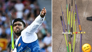 Rumesh Tharanga Pathirage in action (left) and photograph of his damaged javelins shared by the sports icon in his Instagram story. 