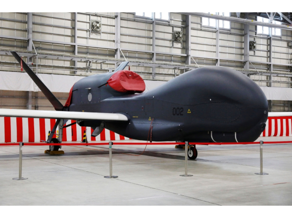 This picture taken on January 23, 2023 shows a Global Hawk unmanned surveillance aircraft of the Japan Air Self-Defence Force (JASDF) in Misawa, Aomori prefecture. (Photo by JIJI PRESS / AFP) / Japan OUT