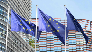 This photograph shows the European flags flapping in the breeze in front of the Louise Weiss building headquarters of the European Parliament, in Strasbourg, eastern France on September 17, 2026. (Photo by Jean-Christophe VERHAEGEN / AFP)