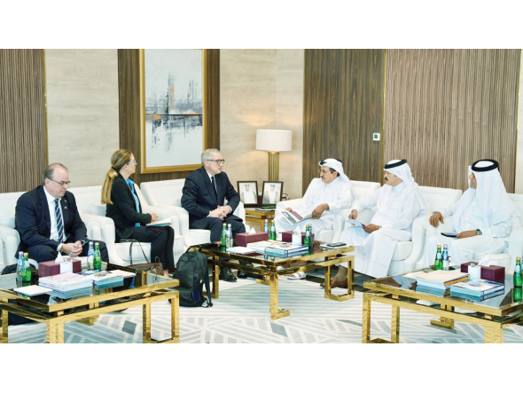 QC Chairman Sheikh Khalifa bin Jassim bin Mohamed Al Thani and other officials with the Ambassador of Finland to Qatar H E Juha Mustonen during the meeting.