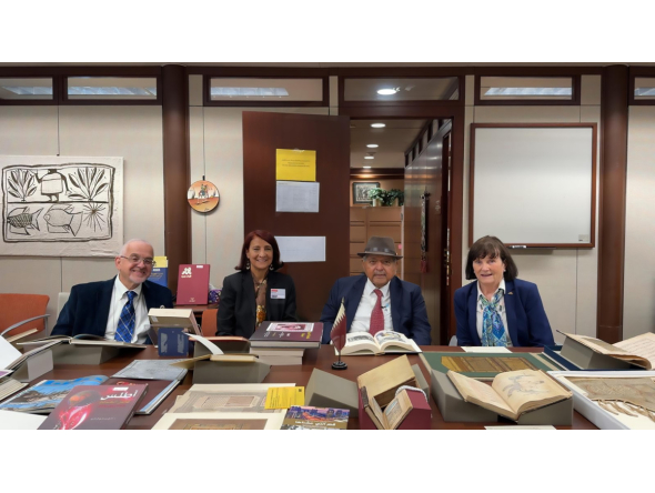 H E Sheikh Faisal bin Qassim Al Thani with officials during a visit to the Library of Congress.