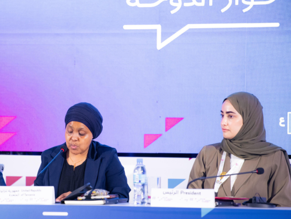 MoL Undersecretary H E Sheikha Najwa bint Abdulrahman Al Thani (right) and Tanzania's Deputy Permanent Secretary for Labour, Employment and Relations at Prime Minister’s Office, Zuhura Yunus during the event. 