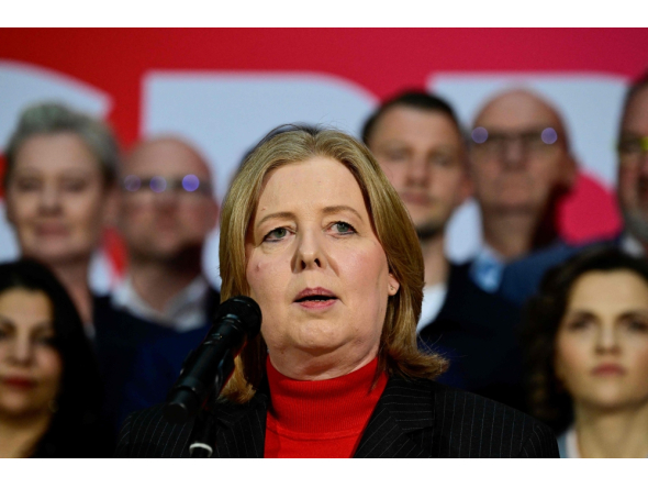 (Files) Co-leader of Germany's Social Democratic Party (SPD) Baerbel Bas addresses journalists in Berlin on March 27, 2026. (Photo by John MacDougall / AFP)