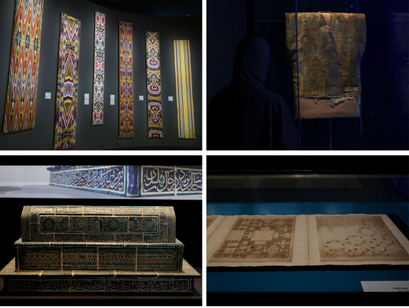 Clockwise from top left: Embroideries displayed at the exhibition, silk robe worn during earlier centuries, 16-century Tashkent Scrolls, and a centuries-old cenotaph. All pictures by Salim Matramkot / The Peninsula