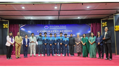 Birla Public School principal and staff members with the winning students.