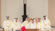 Qatar Media Corporation Chairman H E Sheikh Hamad bin Thamer Al-Thani with Qatar’s delegation during the event.