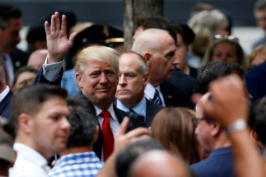 Republican presidential nominee Donald Trump arrives before the start of the ceremony marking the 15th anniversary of the attacks on the World Trade Center at The National September 11 Memorial and Museum in Lower Manhattan in New York City, U.S. Septembe